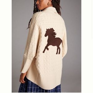 Anthropologie Cableknit Cream Open Long Cardigan Brown Horse EUC XS